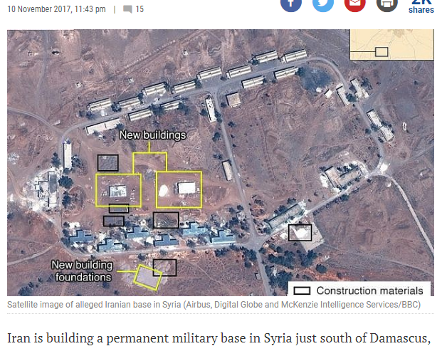 伊朗在敍利亞境內興建新的軍事基地曝光，2日傳出遭以色列以地對地飛彈攻擊。   圖：翻攝《以色列時報》/Airbus, Digital Globe and McKenzie Intelligence Services/BBC