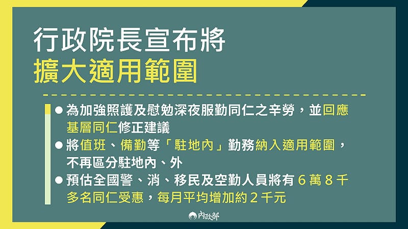 行政院將擴大深夜危勞津貼的適用範圍。&nbsp;&nbsp;&nbsp;圖：內政部提供