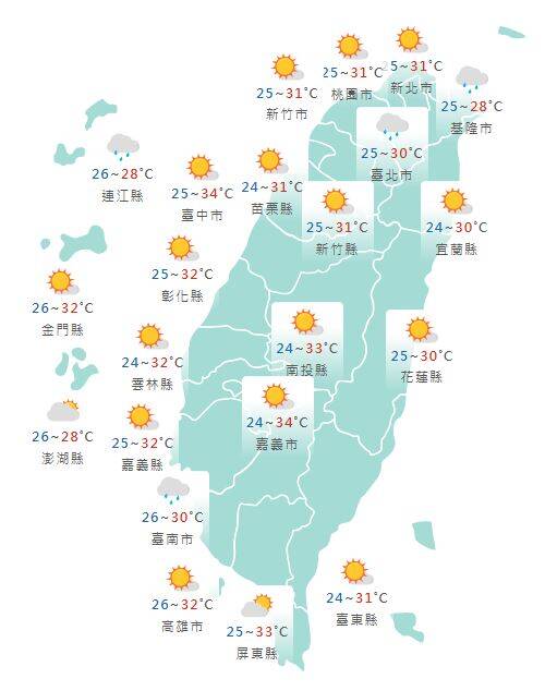 氣象署公布各地天氣預報概況。&nbsp;&nbsp;&nbsp;圖：氣象署提供