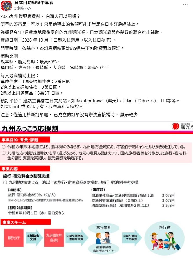 旅日達人林氏璧指出，「九州復興應援割」台灣人也可以使用，不過釋出的名額可能多半是在日本訂房網站上。&nbsp;&nbsp;&nbsp;圖：取自日本自助旅行中毒者