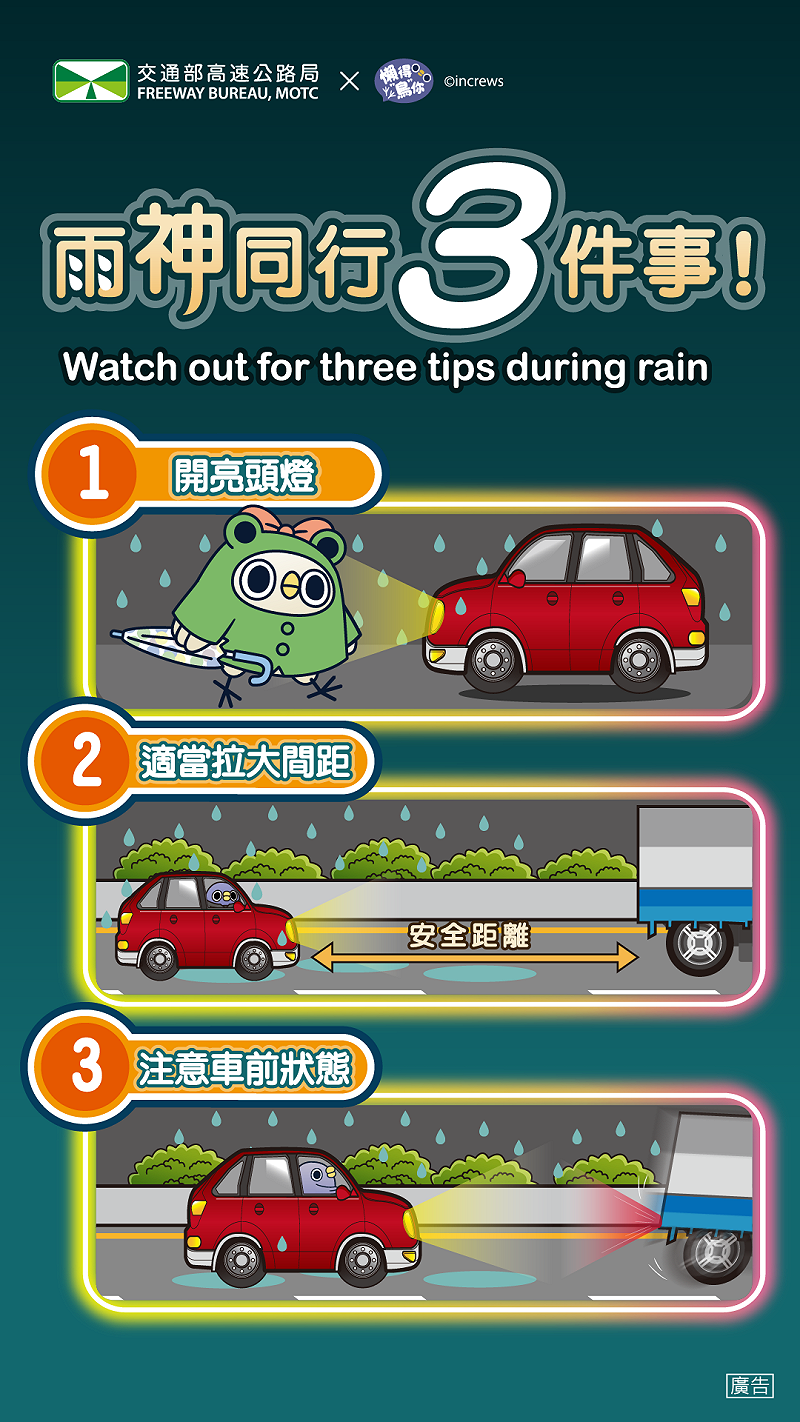面對突如其來的強降雨，駕駛人應落實開亮頭燈、適當拉大間距以及與前車保持較長安全距離，避免緊跟前車以及注意車前狀態。&nbsp;&nbsp;&nbsp;圖：高公局／提供