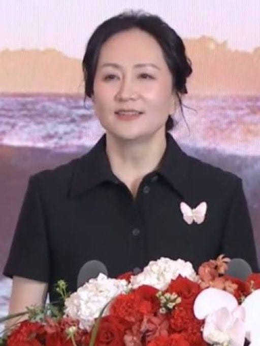 任正非的長女、華為副董事長孟晚舟也被傳已逃亡，目前仍未露面。 圖：翻攝自 X @LucyZha94759559 
