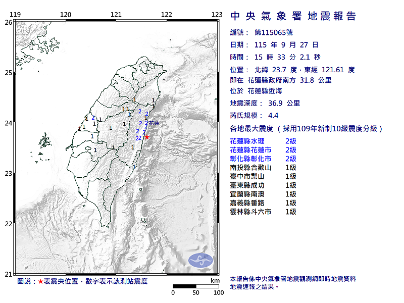 快訊》15:33花蓮縣近海發生規模4.4有感地震 最大震度花蓮縣水璉、花蓮縣花蓮市、彰化縣彰化市2級