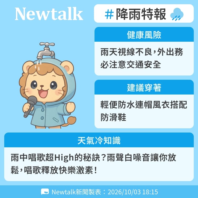 雨中唱歌超High的秘訣？雨聲白噪音讓你放鬆，唱歌釋放快樂激素！ 圖：Newtalk製表&nbsp;&nbsp;&nbsp;