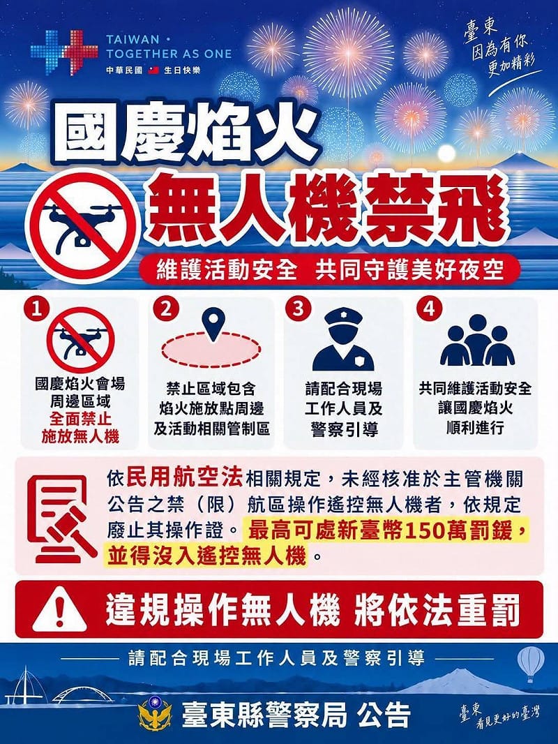 台東國慶焰火禁飛無人機。&nbsp;&nbsp;&nbsp;圖：台東縣政府／提供