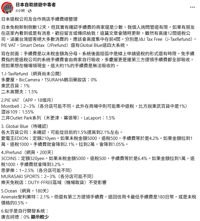 旅日達人林氏璧表示，雖然目前日本有高達12間退稅公司，但涵蓋台灣遊客絕大多數消費的，應該會高度集中在前4間。&nbsp;&nbsp;&nbsp;圖：取自日本自助旅行中毒者