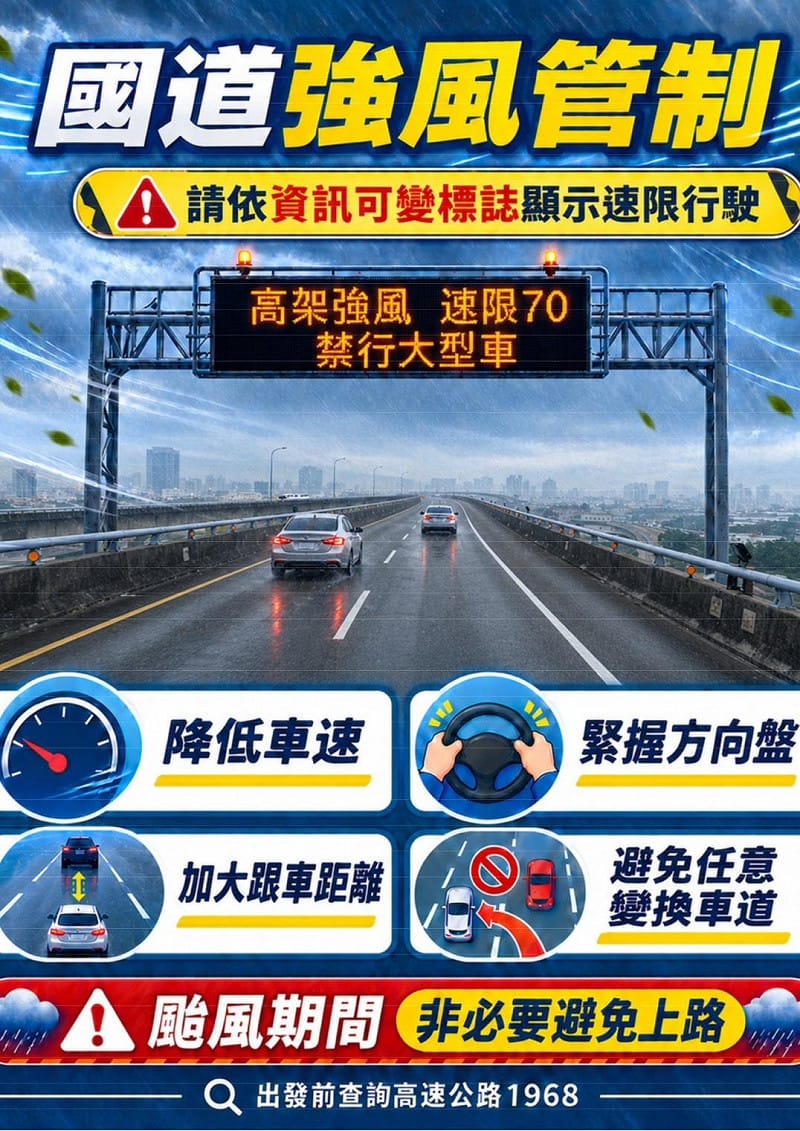 高速公路強風管制路段，分為 A、B 級。A 級路段必要時可能採取禁止大型車行駛或封閉之路段；B 級路段則以降低速限及宣導建議大型車改道為主。&nbsp;&nbsp;&nbsp;圖：高公局／提供