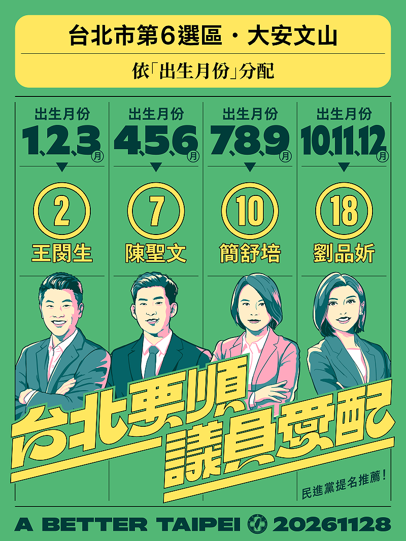 民進黨台北市議員配票指南。&nbsp;&nbsp;&nbsp;圖：民進黨台北市黨部提供