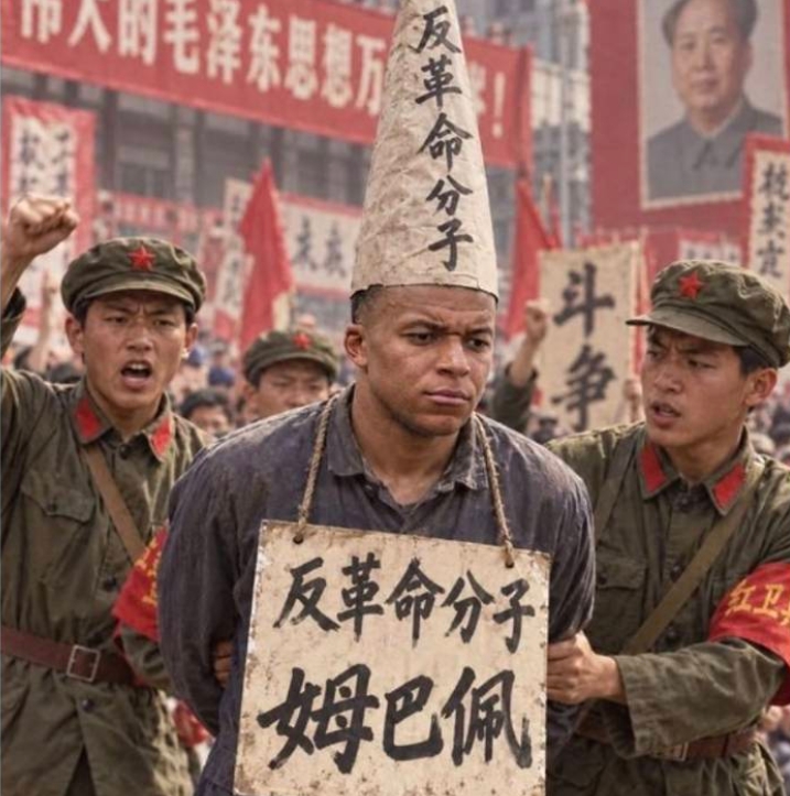 有網友做AI圖，把稱毛澤東為獨裁者的姆巴佩打成「反革命分子」，嘲諷中國的大力打壓。&nbsp;&nbsp;&nbsp;圖 : 翻攝自 X / Inty news