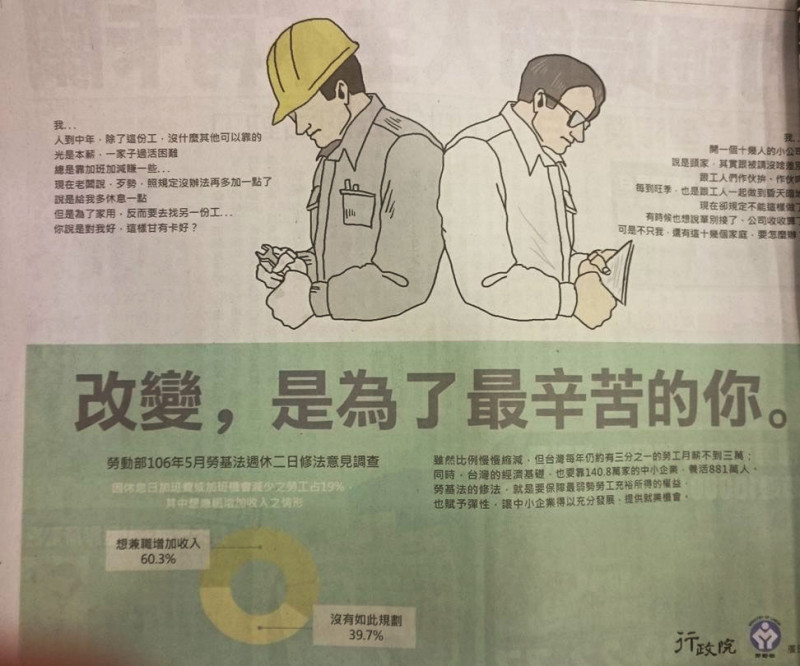 行政院大手筆購買各大報半版廣告，以兩位男性勞工為主角行銷勞基法修改。   圖:翻拍平面媒體