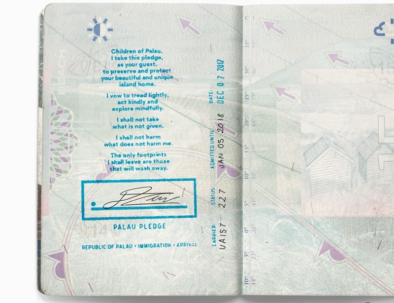 外交部表示，7日起帛琉移民官員將在所有入境帛琉的外國旅客護照內頁蓋上「帛琉誓詞（Palau Pledge）」入境章戳，旅客須簽名願意共同維護當地生態才能入境。   圖：取自Palau Pledge網頁palaupledge.com