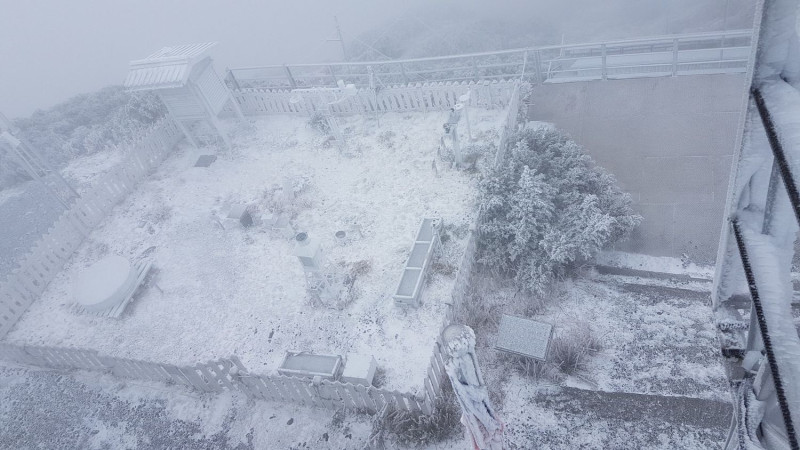 玉山今晨4時開始降雪。   圖：中央氣象局提供