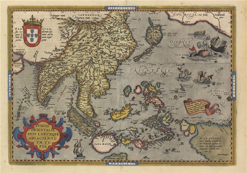 東印度與鄰近諸島圖，約1601年-本圖基本上是跟根據葡萄亞海圖改繪成，16世紀中末葉到17世紀初絕大部份葡萄牙文獻指稱臺灣為小琉球，因此途中被標示在北回歸線以北，面積最大的小琉球指涉的應該即是台灣的一部份。   圖：取自台史博網站