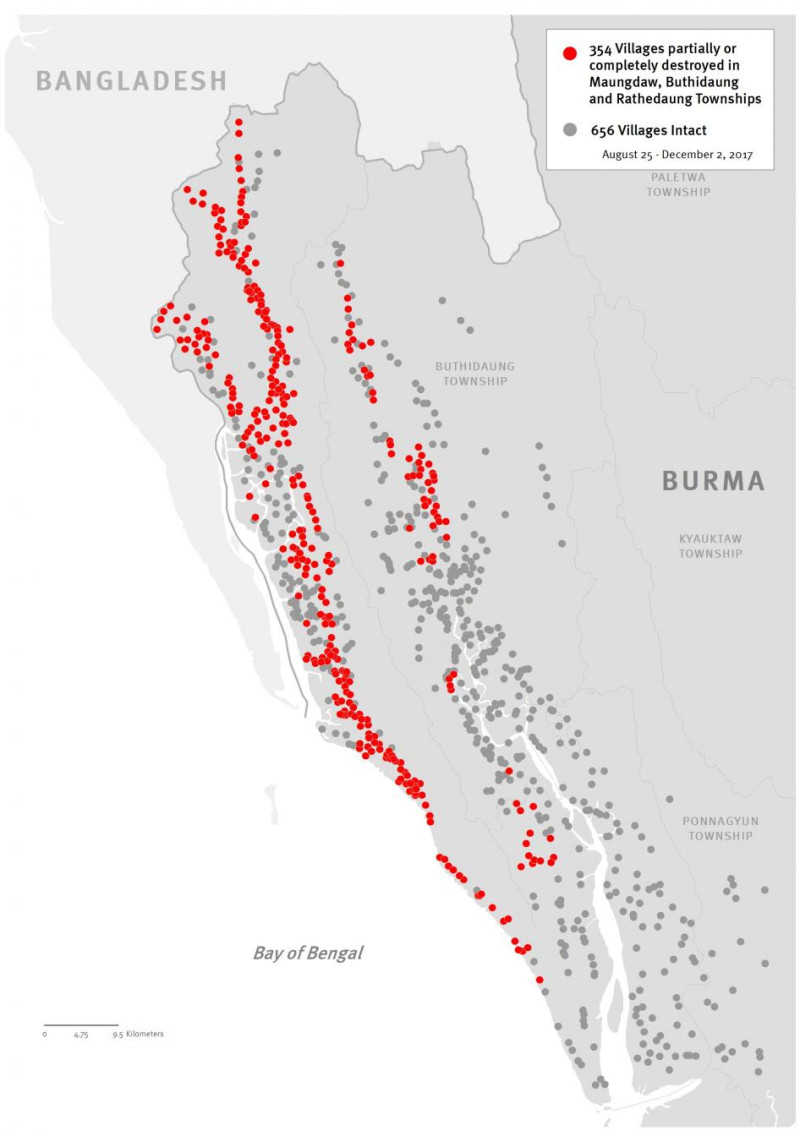 紅點處為遭受破壞的羅興亞村落。   圖 : 人權觀察/提供