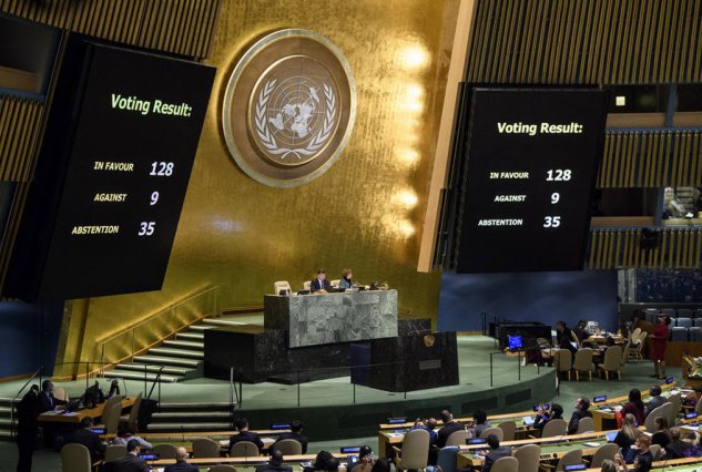 聯合國大會21日以128票贊成、9票反對、35票棄權，譴責美國宣布承認耶路撒冷是以色列首都無效。   圖：聯合國圖片/Manuel Elias