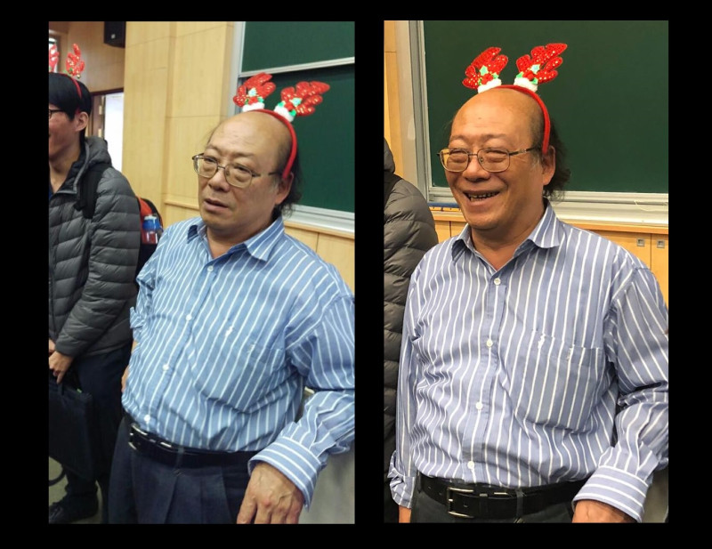 向來喜歡在臉書評論時事的台大教授李茂生，在臉書上談論「丟包」，反遭學生起底在教室戴「麋鹿髮箍」的可愛照片，增添了歡樂氣氛。   圖：翻拍李茂生臉書