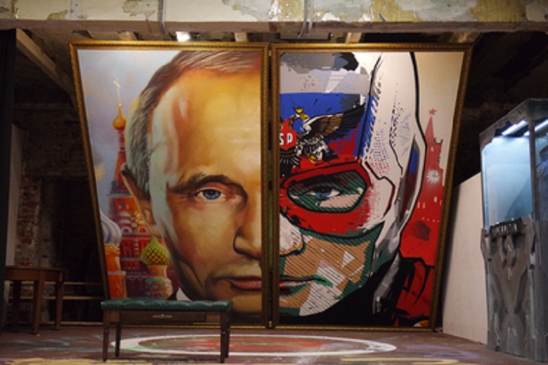 俄羅斯總統普亭領導俄國超過17個年頭，高人氣預料可以順利連任再當6年。圖為近日在莫斯科舉辦的展覽「超級普亭」。   圖：中央社