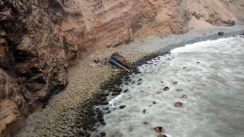 秘魯著名的危險道路「魔鬼彎」發生車禍，巴士摔落80公尺下的石灘，幾乎解體，至少36人死亡。   圖：翻攝秘魯海軍推特