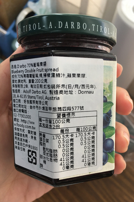 藥署3日公布邊境查驗不合格產品清單，指出好食國際有限公司從奧地利進口的「D'ARBO 70%藍莓果醬」被驗出輻射物「銫-137」超標，日前市場稽查時，也有同款藍莓果醬驗出輻射超標。   圖 : 食藥署/提供
