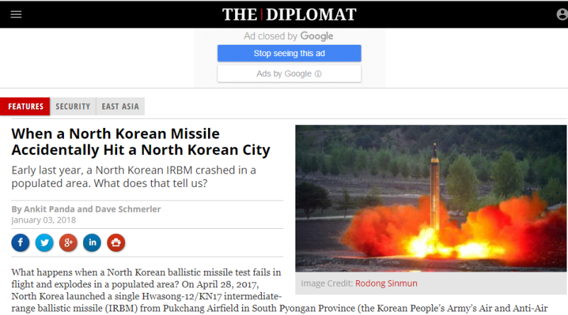 《外交家》雜誌爆料朝鮮去年4月試射火星12型飛彈失敗，升空1分鐘即墜落，反而炸到德川市。   圖：翻攝《外交家》