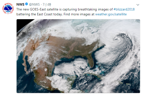 美國國家氣象局表示美國東部受到「炸彈氣旋」侵襲，衛星雲圖相當驚人。   圖：翻攝美國國家氣象局推特