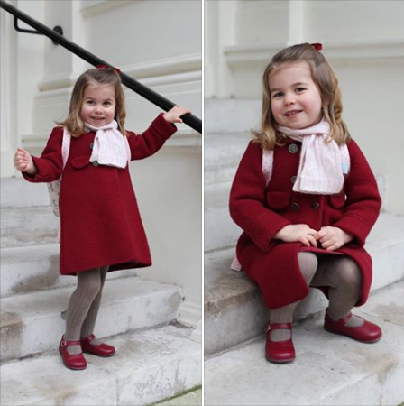 英國王室po出夏綠蒂第1天上學前的照片，一身紅的模樣已經有29萬人按讚。   圖：翻攝英國王室臉書