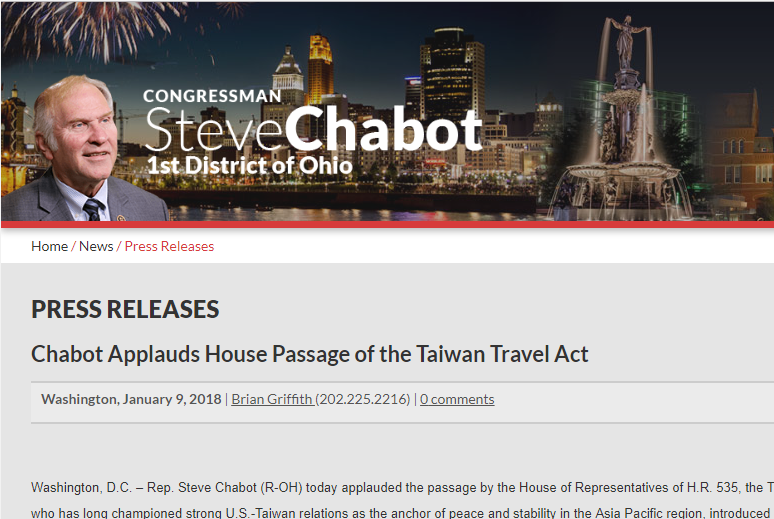 美國眾議院通過《台灣旅行法》（HR 535），發起人眾議員夏波說，現在是改變的時刻了。   圖：翻攝美國眾議院官網