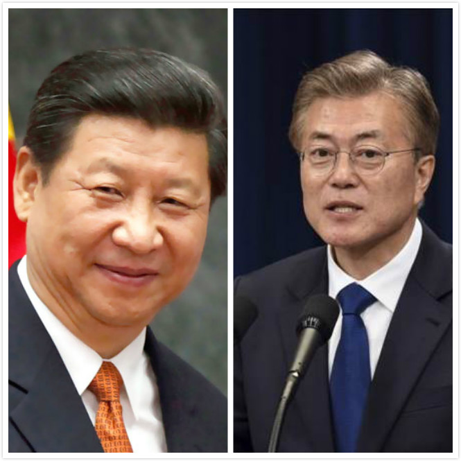 中國國家主席習近平（左）11日與南韓總統文在寅（右）通電話，雙方表示願加強戰略溝通，並加強在重大地區與國際問題的協調。   圖：新頭殼合成