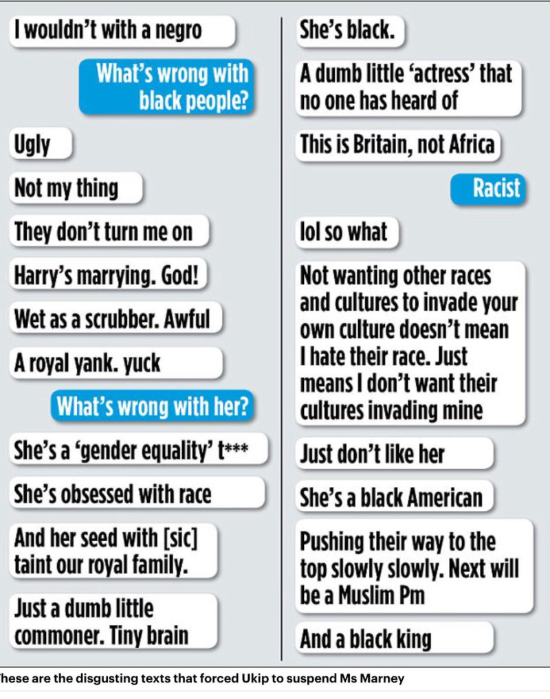 英國獨立黨黨魁女友馬尼與友人的簡訊曝光，內容批評準王妃梅根馬克爾的黑人血統會「玷污」英國皇室。   圖：翻攝Will Black推特