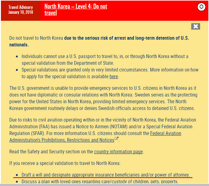 美國國務院將朝鮮列為旅遊最危險地區，建議如果公民堅持前往，應該先立遺囑（紅線處）。   圖：翻攝美國務院官網