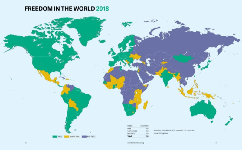 非政府組織自由之家（Freedom House）16日公布2018年全球自由度報告。      圖：翻攝Freedom House官網