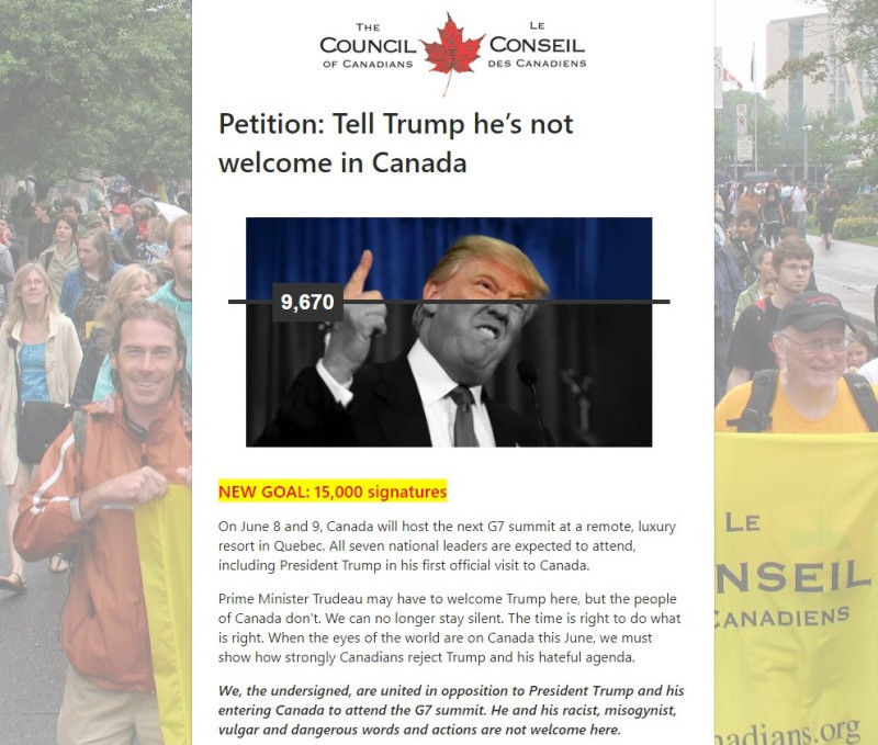 川普作風惹議，遭加國人民連署反對他入境。   圖：翻攝自加拿大人議會官方網站