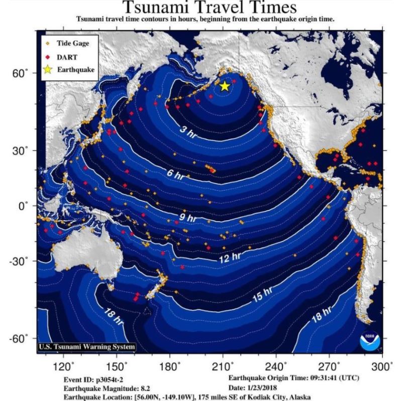 美國阿拉斯加州在台灣時間23日下午發生規模7.9強震，並有海嘯警報。   圖：取自NWS Tsunami Alerts twitter twitter.com