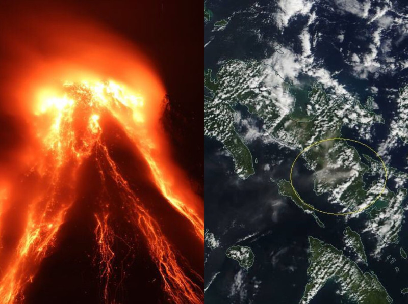 菲律賓馬永火山22日出現熔岩噴發現象（翻攝菲律賓火山暨地震研究所），伴隨著高聳火山灰柱（翻攝自鄭明典臉書）。   圖：新頭殼合成