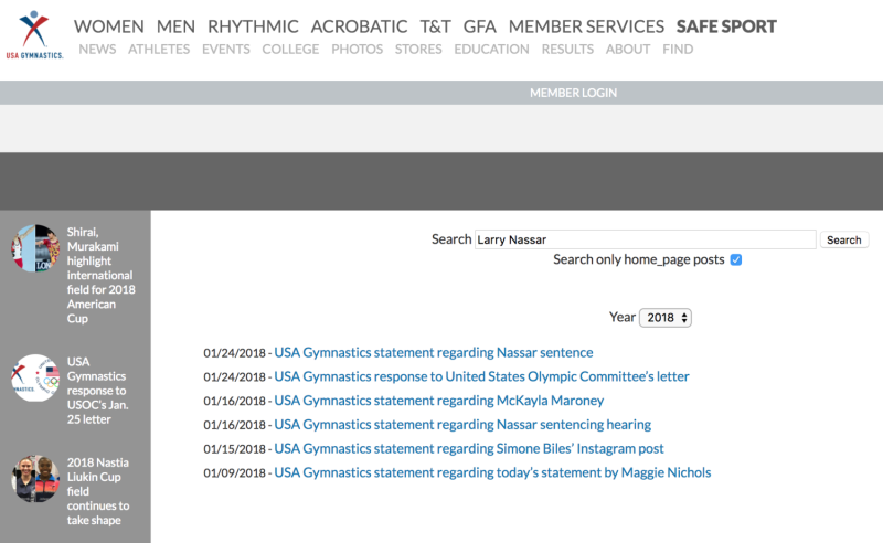 美國體操聯盟（USA Gymnastics）官方網站上也貼出前隊醫納沙性侵醜聞的報導。   圖：翻攝自USA Gymnastics官方網站