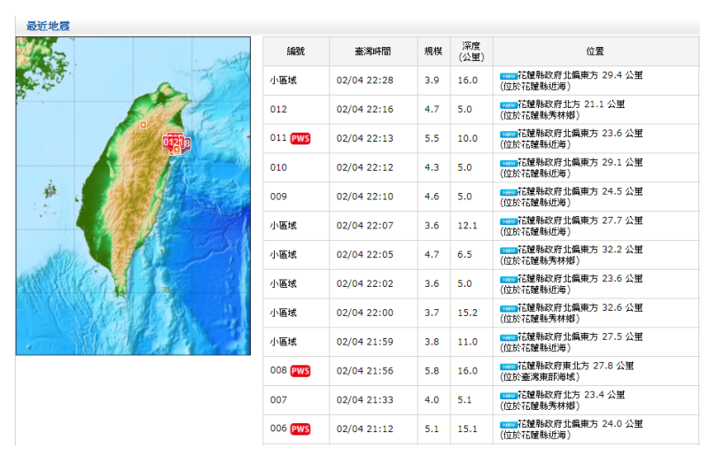 根據中央氣象局22:40更新的最新訊息，今天晚上從21:12開始一連發生12起地震。   圖：中央氣象局
