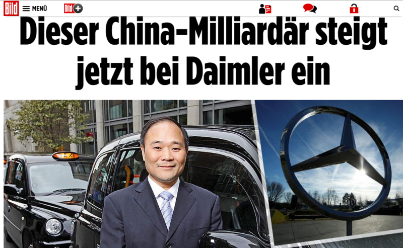 德國《圖片報》週日版報導，中國富豪李書福有意入主賓士母公司戴姆勒集團。   圖：翻攝德國《圖片報》