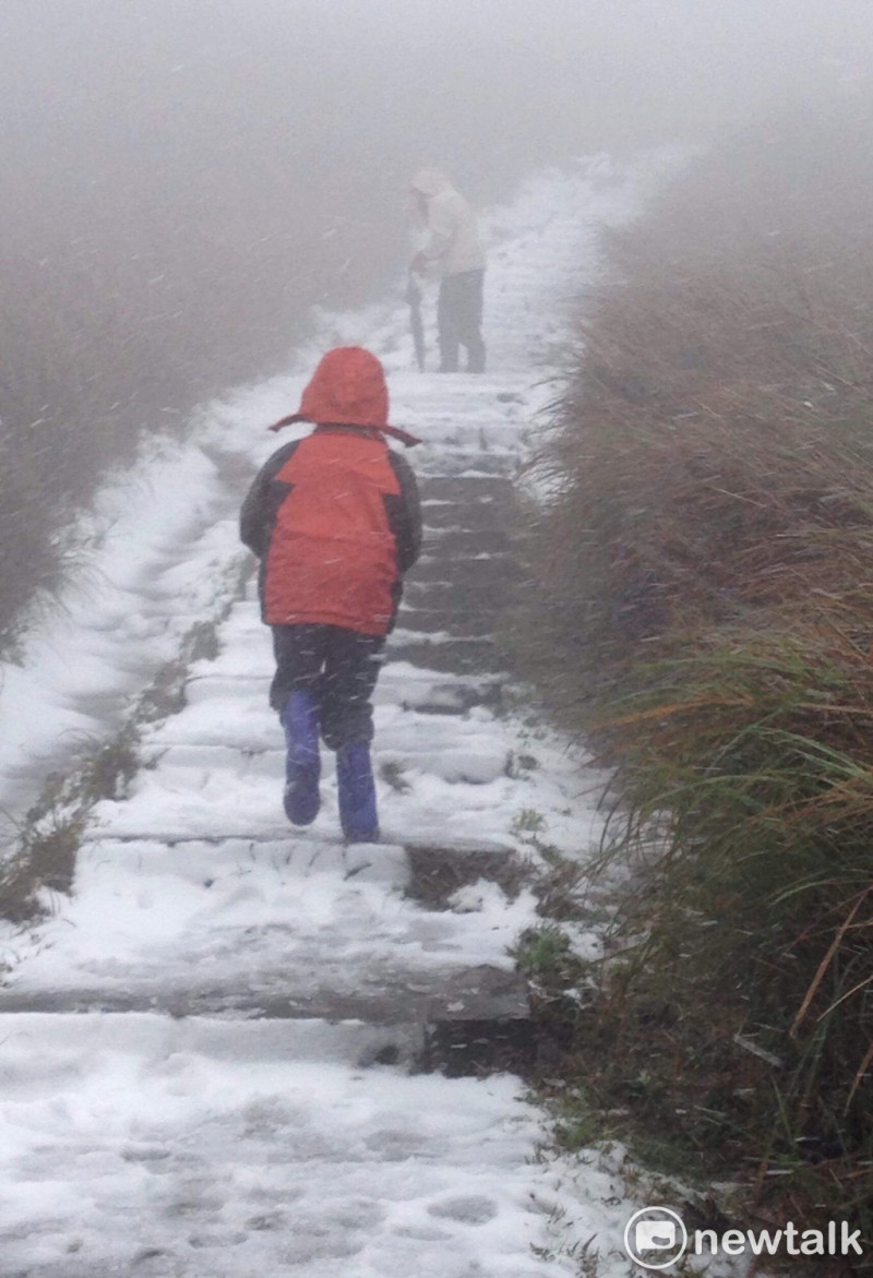 不止是鞍部下雪，陽明山國家公園內，通往夢幻湖的步道今(5)日上午也飄雪，大人、小孩樂的在步道上打雪仗。   圖：葉名峻/攝
