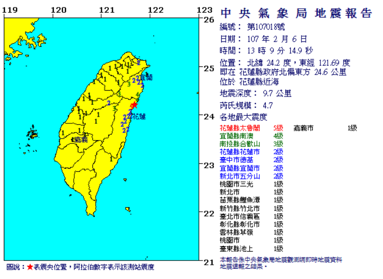 今天下午13:09分於花蓮縣近海發生芮氏規模4.7地震，地震深度9.7公里   圖：中央氣象局/提供