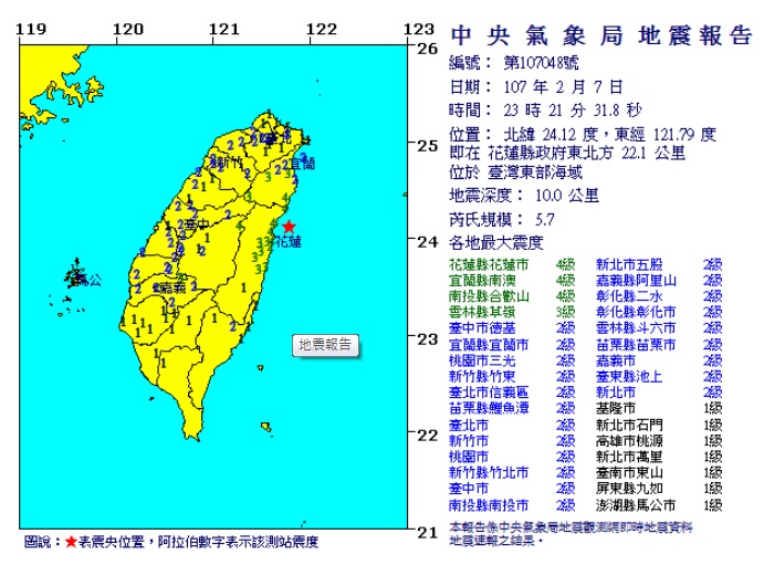今(7)日晚間23:21左右，花蓮地區又發生有感地震，預估震度4級以上。   圖：翻攝中央氣象局