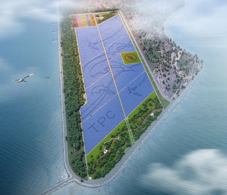 台電公司與中華電信合作，將在彰濱工業區一處佔地140公頃，以33萬9千片太陽能板，投入62億元資金，打造全國最大裝置容量可達100MW(百萬瓦)的太陽光電場。   圖：台電公司提供