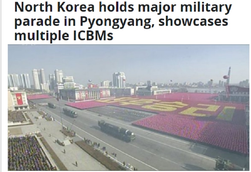 北韓今天為慶祝第70屆建軍節舉行大閱兵，閱兵隊伍中可見坦克車、裝甲車輛及可搭載飛彈運輸車。   圖：翻攝自NK NEWS官網