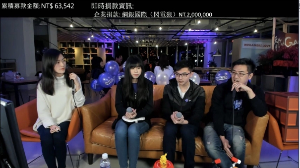 狼谷娛樂實況主參加募款活動，而母公司網銀國際一次捐出兩百萬。(由左至右JOJO 、瑞咪、超負荷以及主持人GamerBee)   圖：翻攝自Twitch