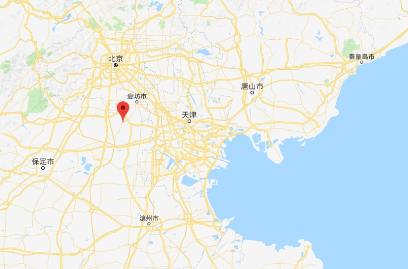 中國河北省廊坊市永清縣今（12）日傍晚發生芮氏規模4.3地震，60多公里外的北京市建築物因為地震而搖晃。   圖：翻攝Google Map