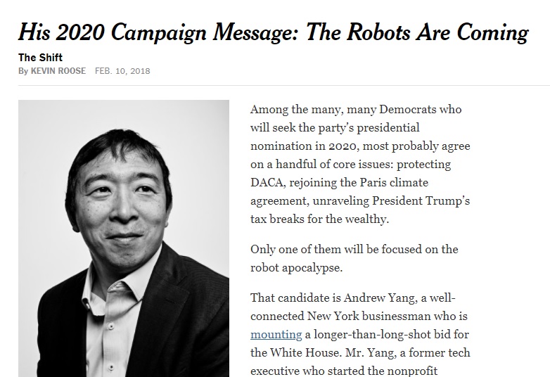 美國下屆總統大選將在2020年登場，華裔企業家楊安澤聚焦在「機器人末日」議題，提倡全民基本收入政策，力爭入主白宮。   圖：翻攝New York Times官網