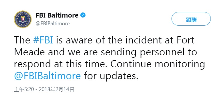 巴爾的摩聯邦調查局在推特上稱「意識到這起事件」，並派遣人員作出回應。   圖：翻攝FBI  Baltimore 推特