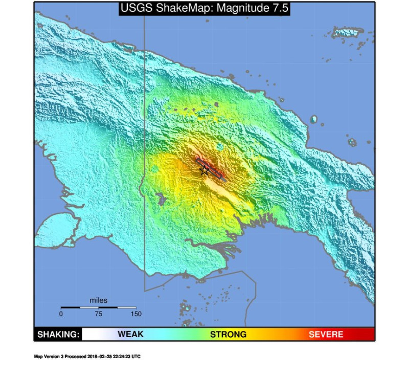巴布亞紐幾內亞內陸山區今(26)日凌晨約3時45分時，發生規模7.5強震。   圖：翻攝自美國地質調查所