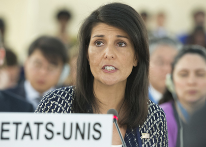 美國駐聯合國大使海莉在聯合國安理會，威脅將對伊朗採取單邊行動。     圖：聯合國圖片/Jean-Marc Ferré