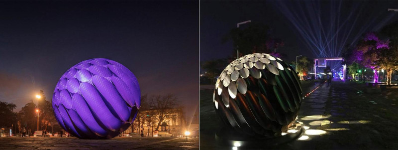 左圖為Hugo Reis設計作品「Eclipse」（日蝕），右圖為台灣燈會作品是以日出為意象的「嘉藝之光」。   圖：翻攝Hugo Reis臉書