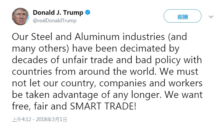 美國總統川普今天在推特發文，對「不公平貿易」發出猛烈抨擊。   圖：翻攝川普推特